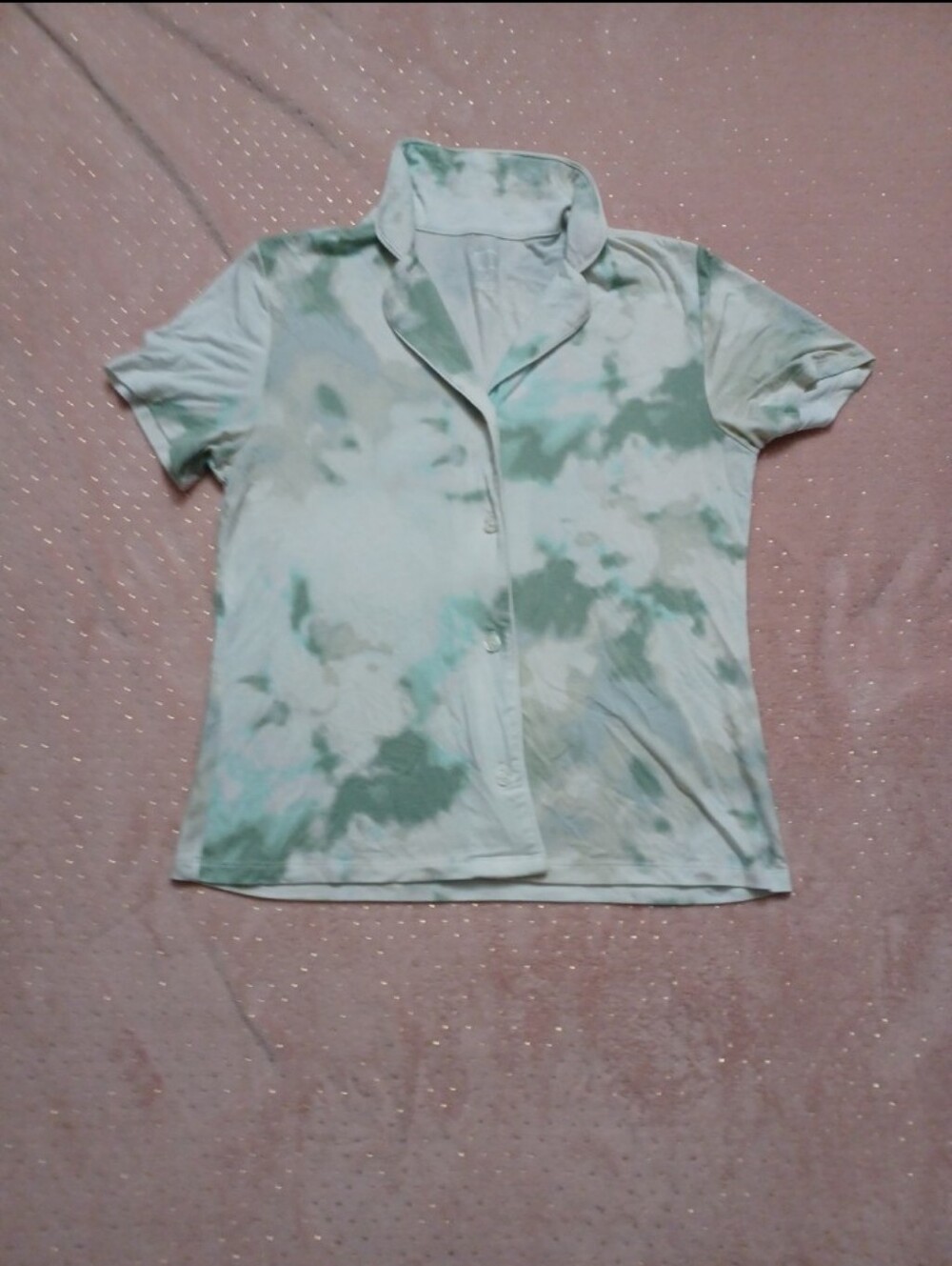 Sonoma Green and White Tie-Dye Short Sleeve Button Down Top